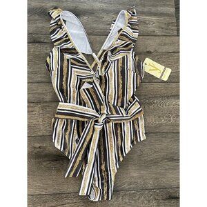 NWT Joan Vass Bathing Suit One Piece Black White Gold Ruffle Tie Large L New